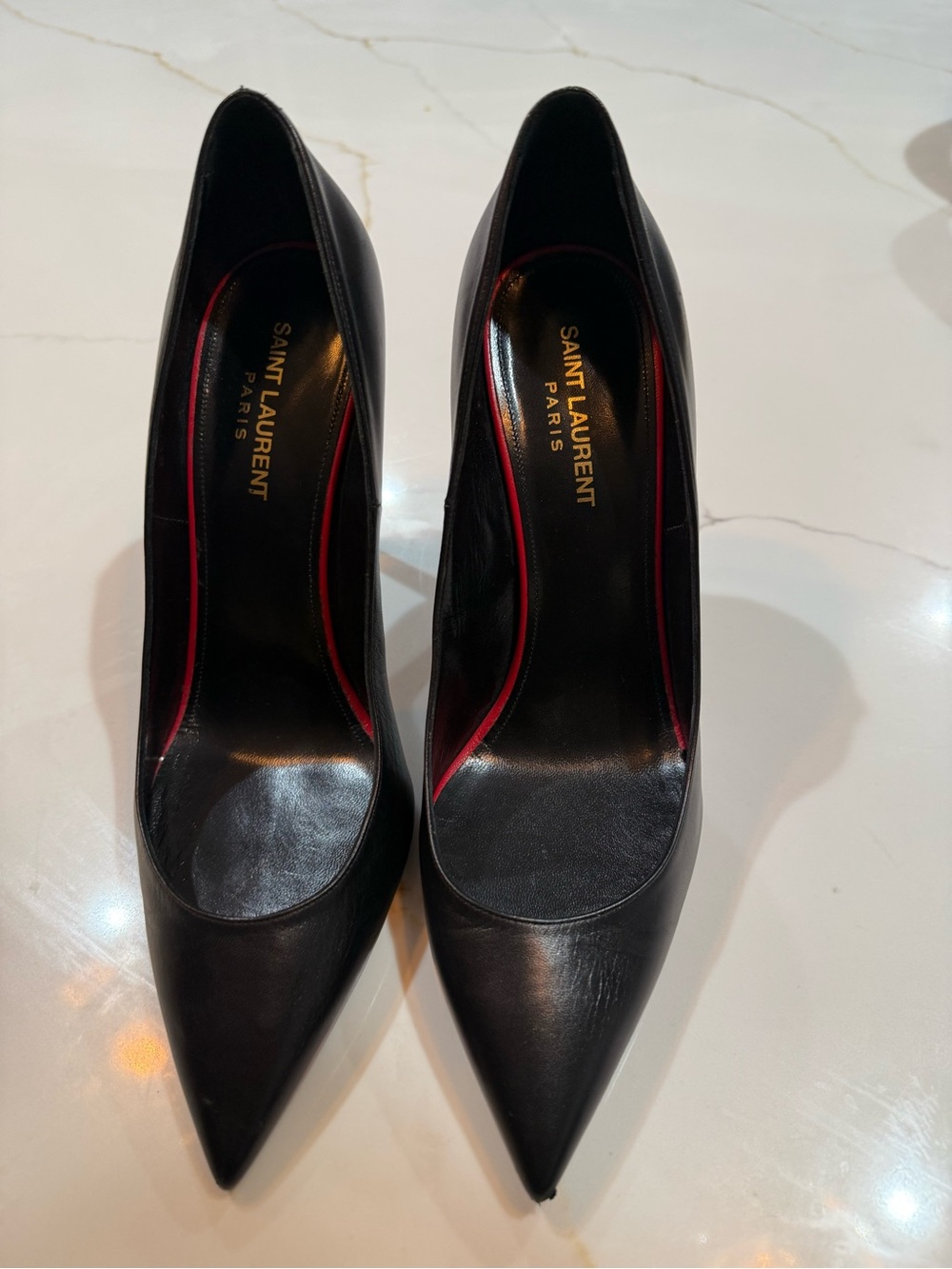 Yves Saint Laurent Black Leather Pointed Toe Pumps with Red Trim - Picture 7 of 7